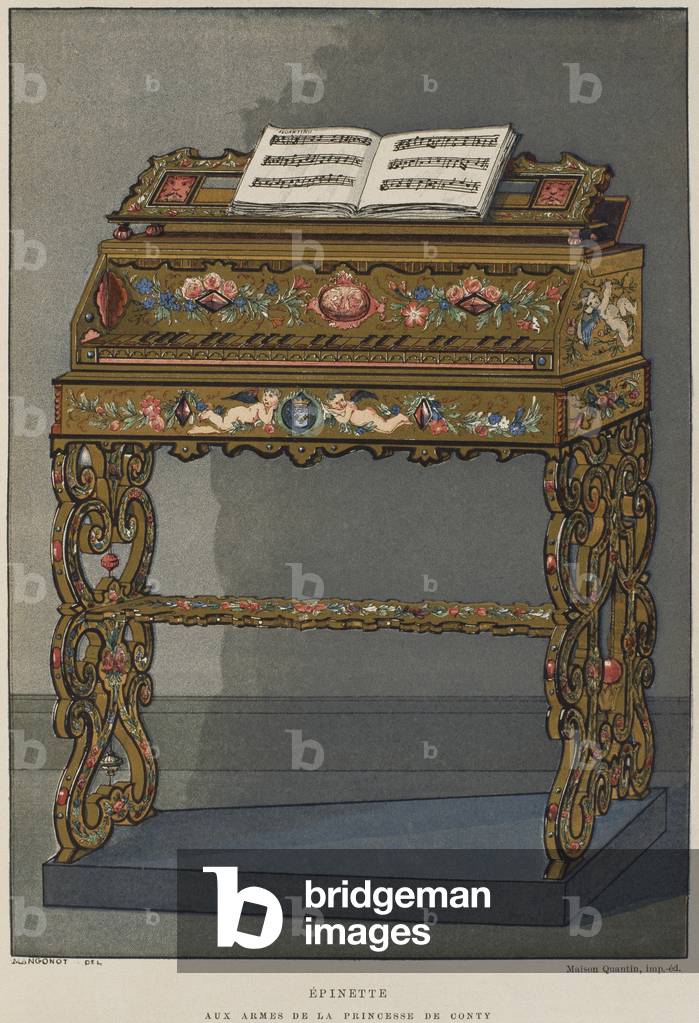 Spinet with the coat of arms of Princess of Conti, illustration from the 'Dictionnaire de l'ameublement et de la decoration' by Henry Havard, volume 2, plate 26, Paris, Maison Quantin, 1878 (colour litho)