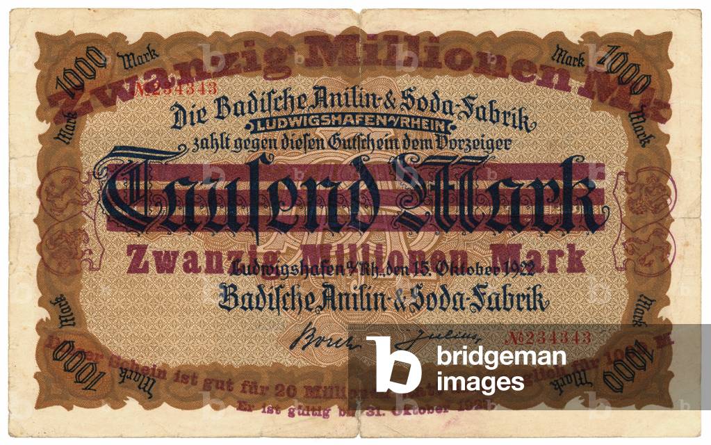 A twenty million mark banknote, 1922 (colour litho)