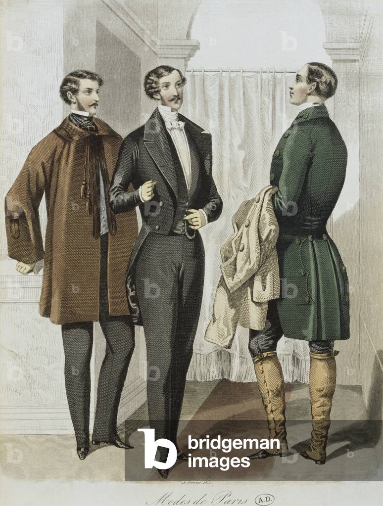 Evening dress, illustration from 'Le Journal des Tailleurs', 16th February 1851 (colour engraving)