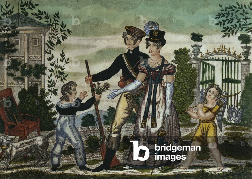 The hunter's return, plate 4, early 19th century (colour engraving)