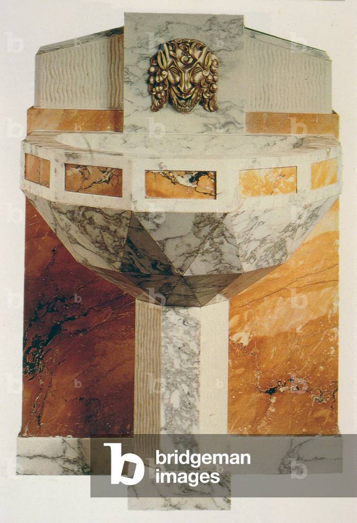 Wall fountain decorated with mask of a satyr in gilt bronze, c.1925 (marble)