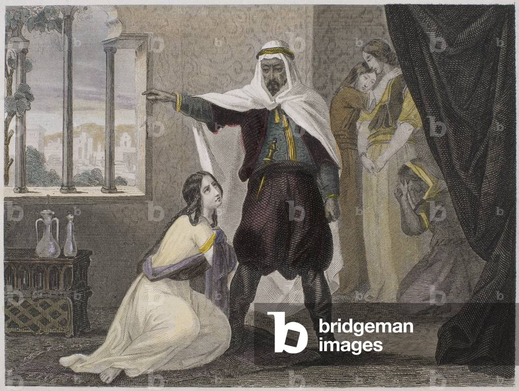The abduction of the beautiful Zhoraydah, illustration from 'Histoire des pirates et corsaires de l'Ocean et de la Mediterranee' by P. Christian, 1842-52 (coloured engraving)