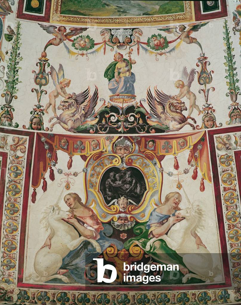 Detail of the decoration of the Scala Regia showing griffins, unicorns and allegorical figures (fresco)