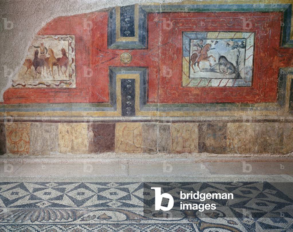 A recreation of the interior of a Roman house, with mosaic floors and wall paintings depicting circus and hunting scenes (fresco and mosaic)
