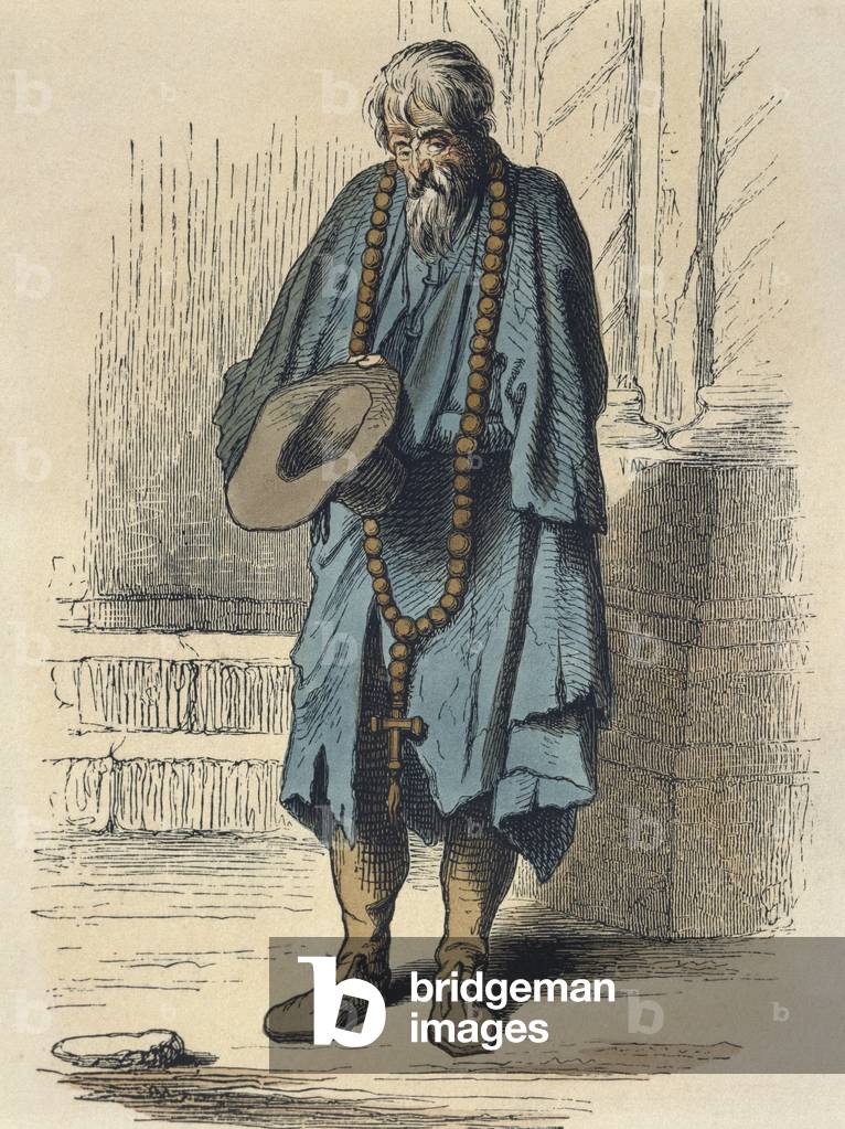 Beggar, after Jacques Callot (1592-1635) engraved by Adrien Lavieille (1818-62) (colour engraving)