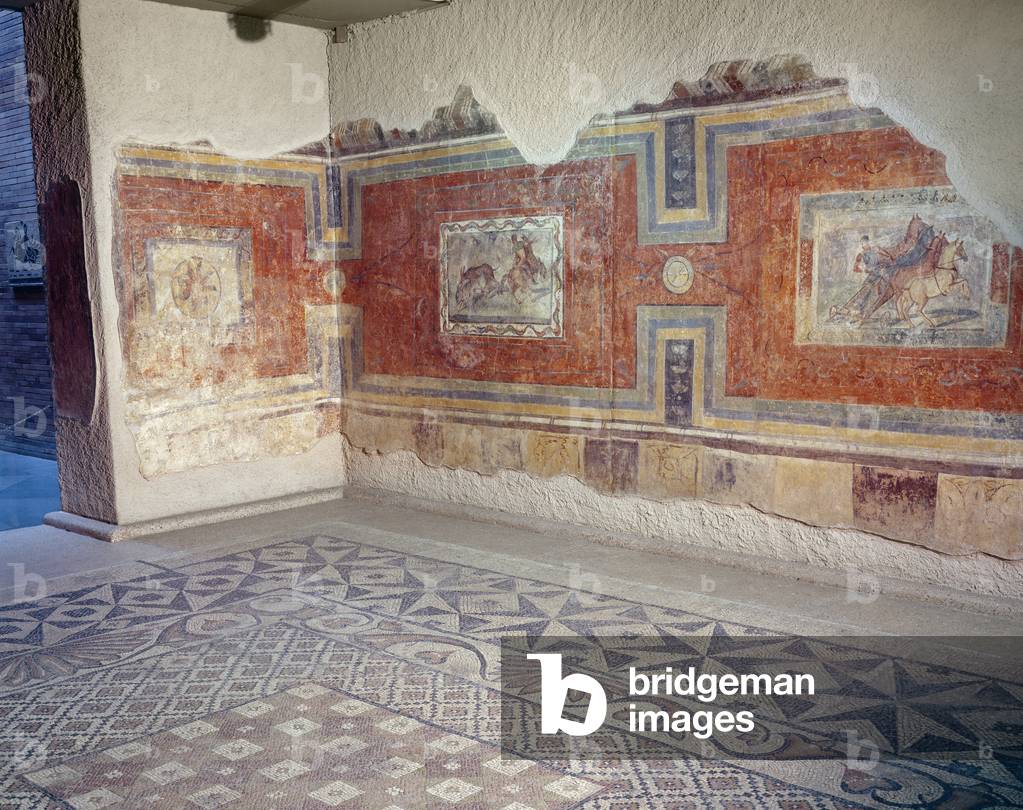 A recreation of the interior of a Roman house, with mosaic floors and wall paintings depicting circus and hunting scenes (fresco and mosaic)