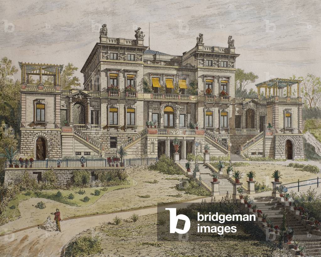 Castello vicino a Stoccarda, giardino fronte, illustrazione da 'Le Moniteur des architectes', 1881 (incisione 