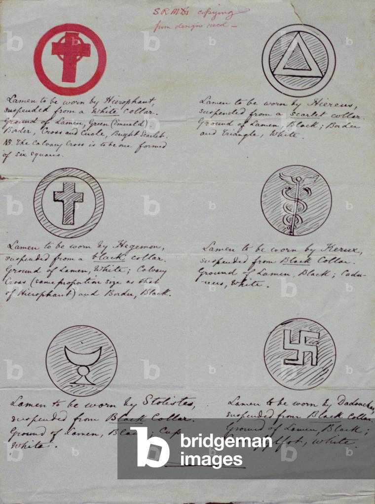 Designs for lamens (collar jewels) for the various officers of a Golden Dawn Temple, 1888 (ink on paper)