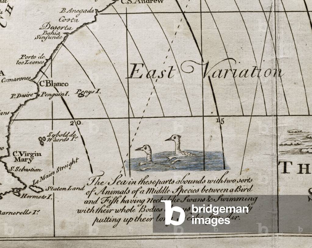 Inset detail of an early description of penguins from 'A New and Correct Chart of the Western and Southern Oceans Shewing the Variations of the Compass According to the latest and best Observations' 1701, printed London c.1748-55 (litho)