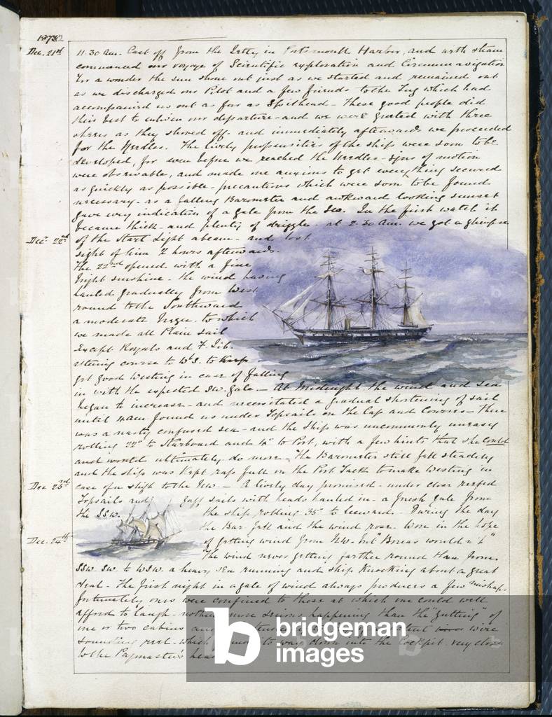 First page from the Journal of HMS Challenger, a personal diary by Pelham Aldrich, 1872 (pen & ink and w/c on paper)