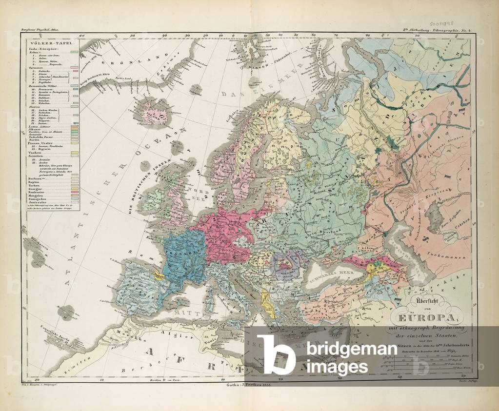 Ethnographic Map of Europe, illustration from 'Dr. Heinrich Berghaus' Physikalischer Atlas', 1852 (colour litho)