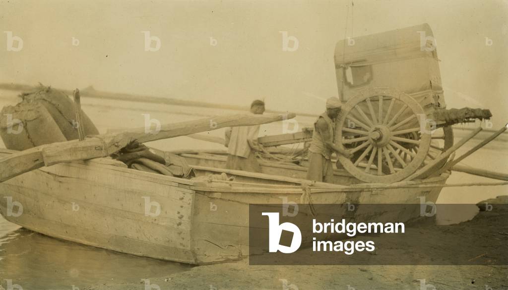 My cart on Yellow River ferry, 1910 (b/w photo)