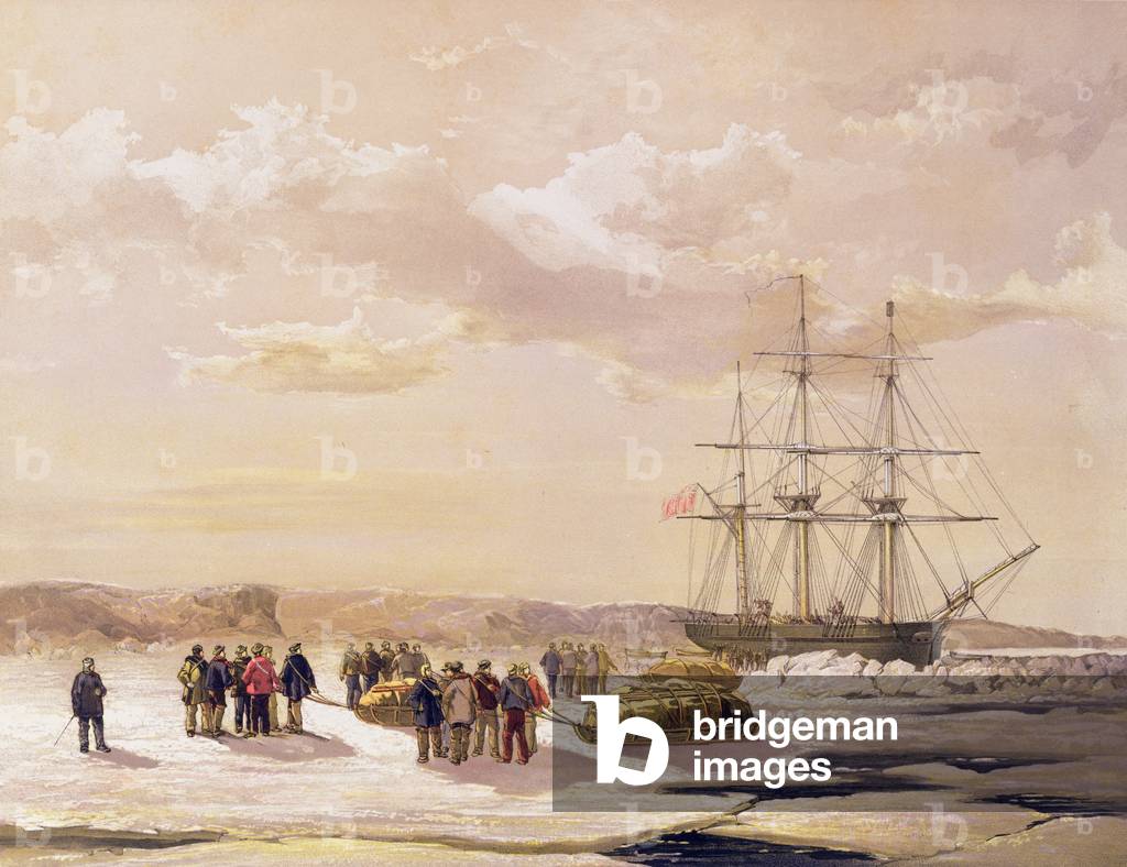 Sledge party leaving H.M.S. Investigator in Mercy Bay under the Command of Lieutenant S. Gurney Cresswel, 15th April 1853, engraved by E. Walker, published in 1854 (colour litho)