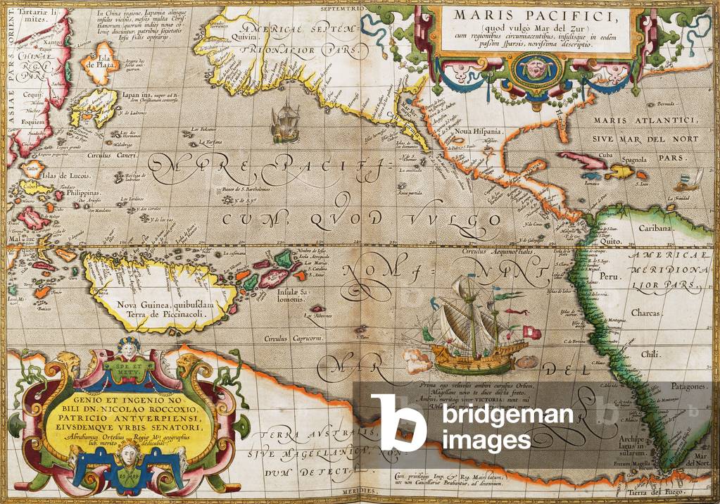 Map of the Pacific Ocean from 'Theatrum Orbis Terrarum' originally executed in 1570, 1606 (coloured engraving)
