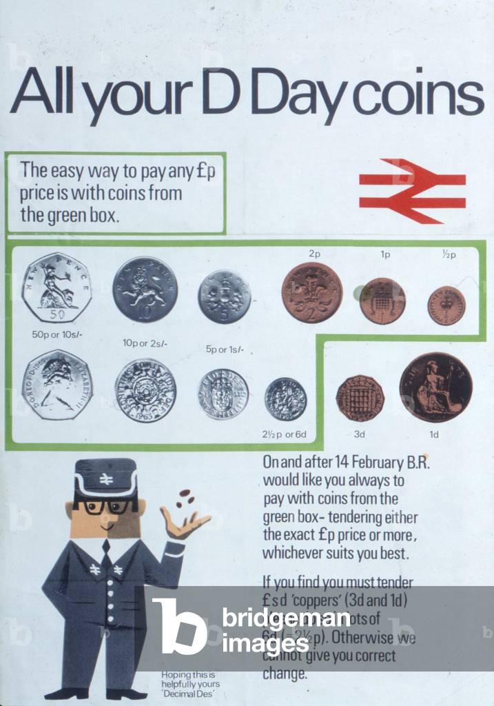 Decimalisation counter stand, issued by the British Bankers' Association, c.1971 (colour litho)