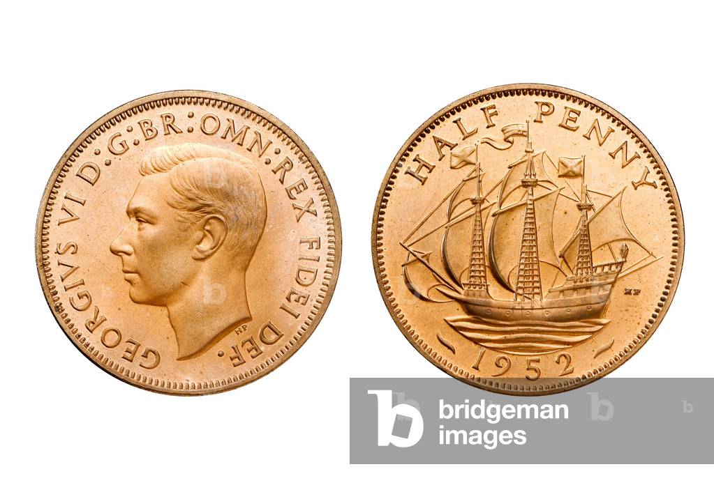 Ship halfpenny, George VI, 1952 (copper alloy)