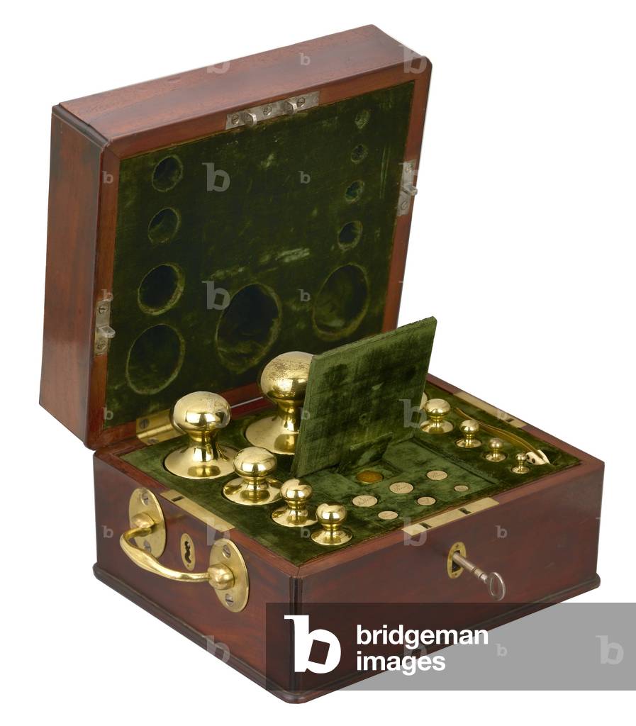 A box of standard weights for silver coins, 1774 (brass weights in wooden box)