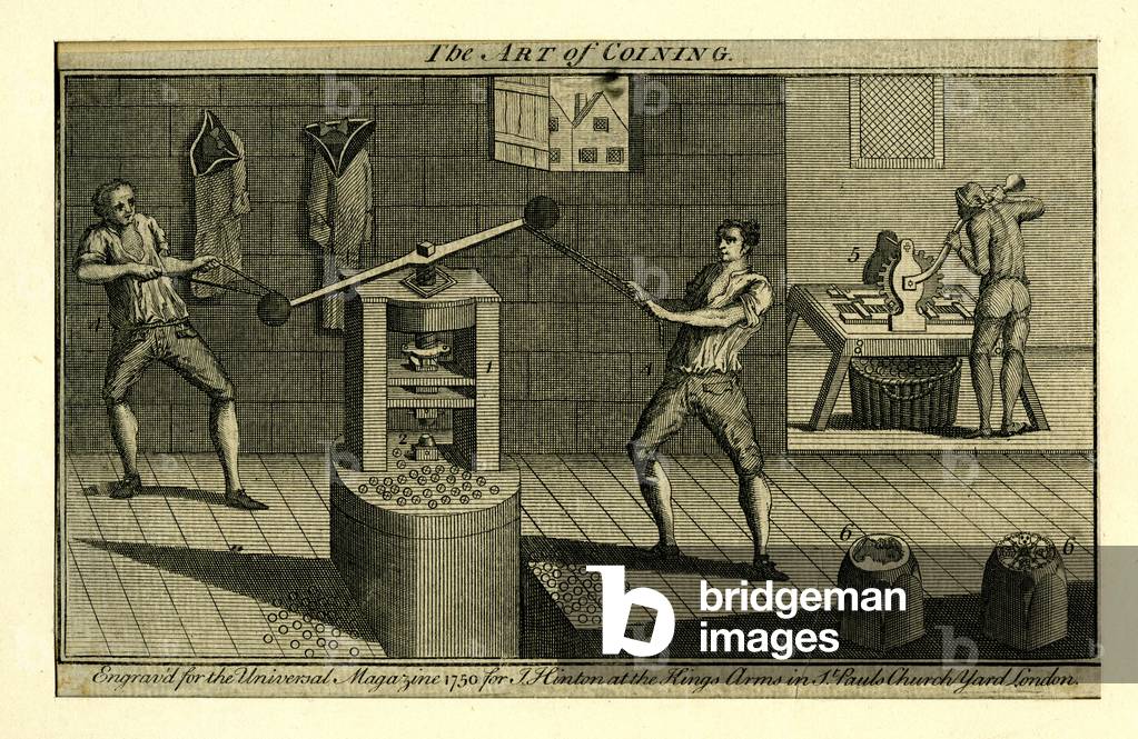 A screw press in operation at the Royal Mint in the Tower, from the Universal Magazine, 1750 (engraving)