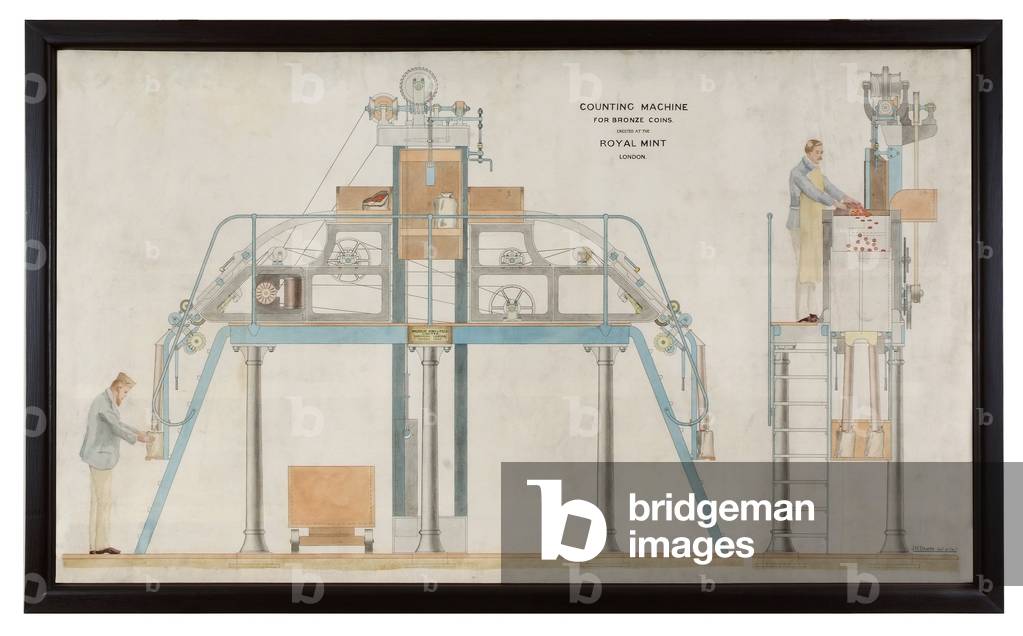 Plan of an automatic counting machine, c.1895 (hand-coloured engraving)