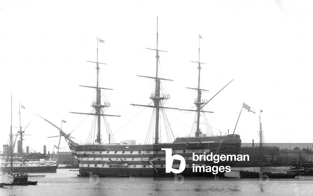 HMS Victory in Portsmouth Harbour, 1890s (b/w photo)