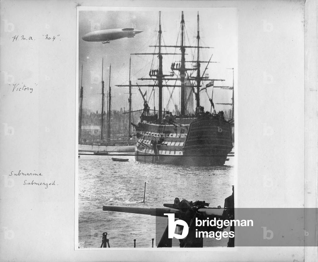HMA '204', HMS Victory, and submarine submerged, 1914 (b/w photo)