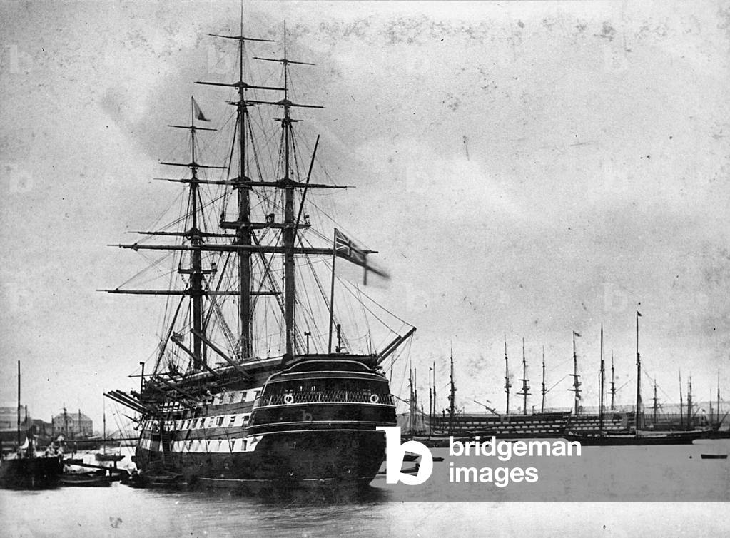 HMS Victory with HMS St Vincent and HMS Duke of Wellington, 1890s (b/w photo)