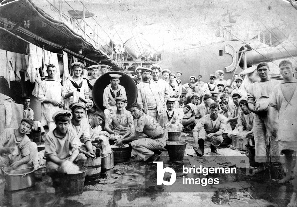 Dhobi Day on HMS Minotaur, c.1910 (b/w photo)