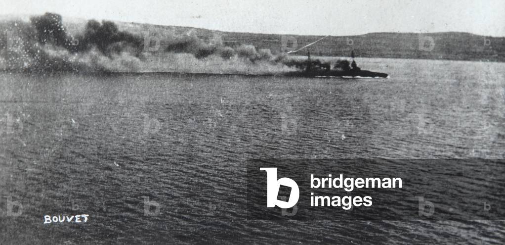 Bouvet starting to sink, 18 March 1915 (b/w photo)