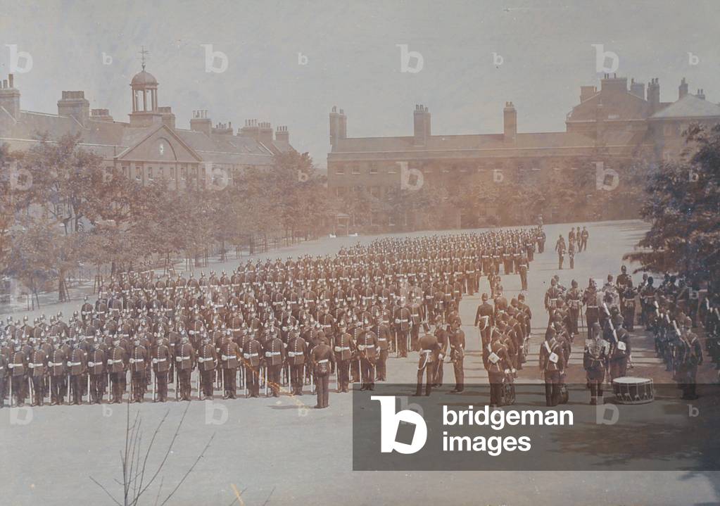 Chatham Division Royal Marine Light Infantry on parade at the Royal Marine Barracks, Chatham, Kent, c.1890 (b/w photo)