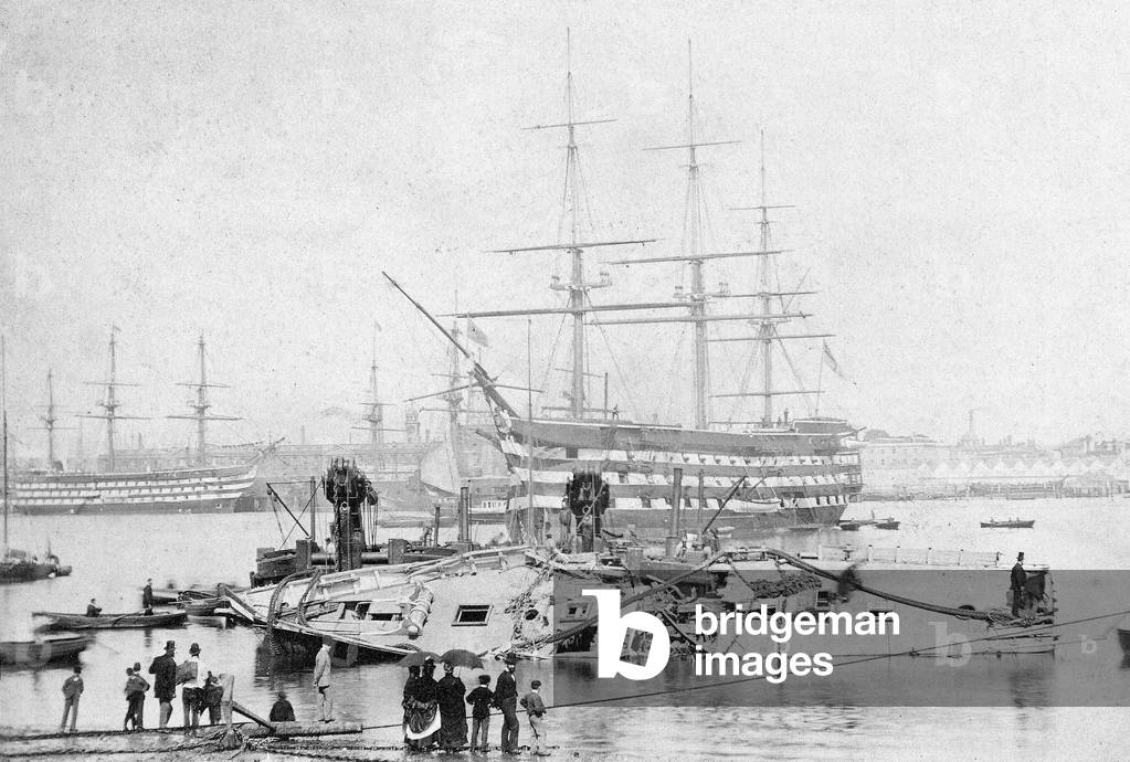 HMS Victory in Portsmouth Harbour, c.1870 (b/w photo)