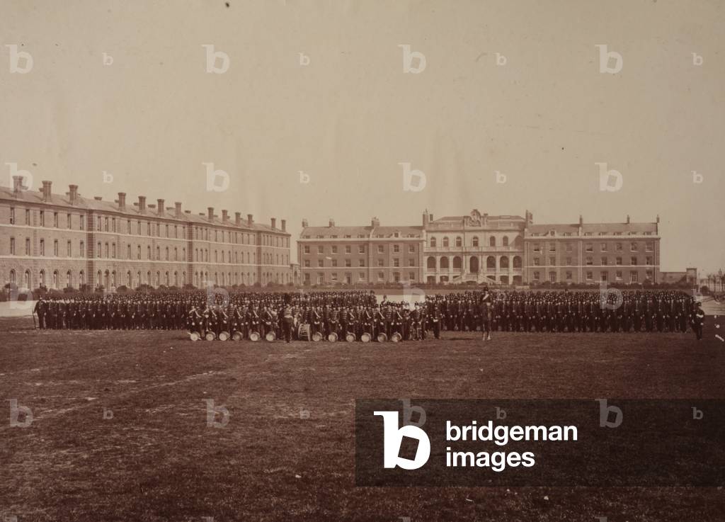 Royal Marine Artillery on parade at the Royal Marine Artillery Barracks, Eastney, Portsmouth, Hampshire, c.1870 (b/w photo)