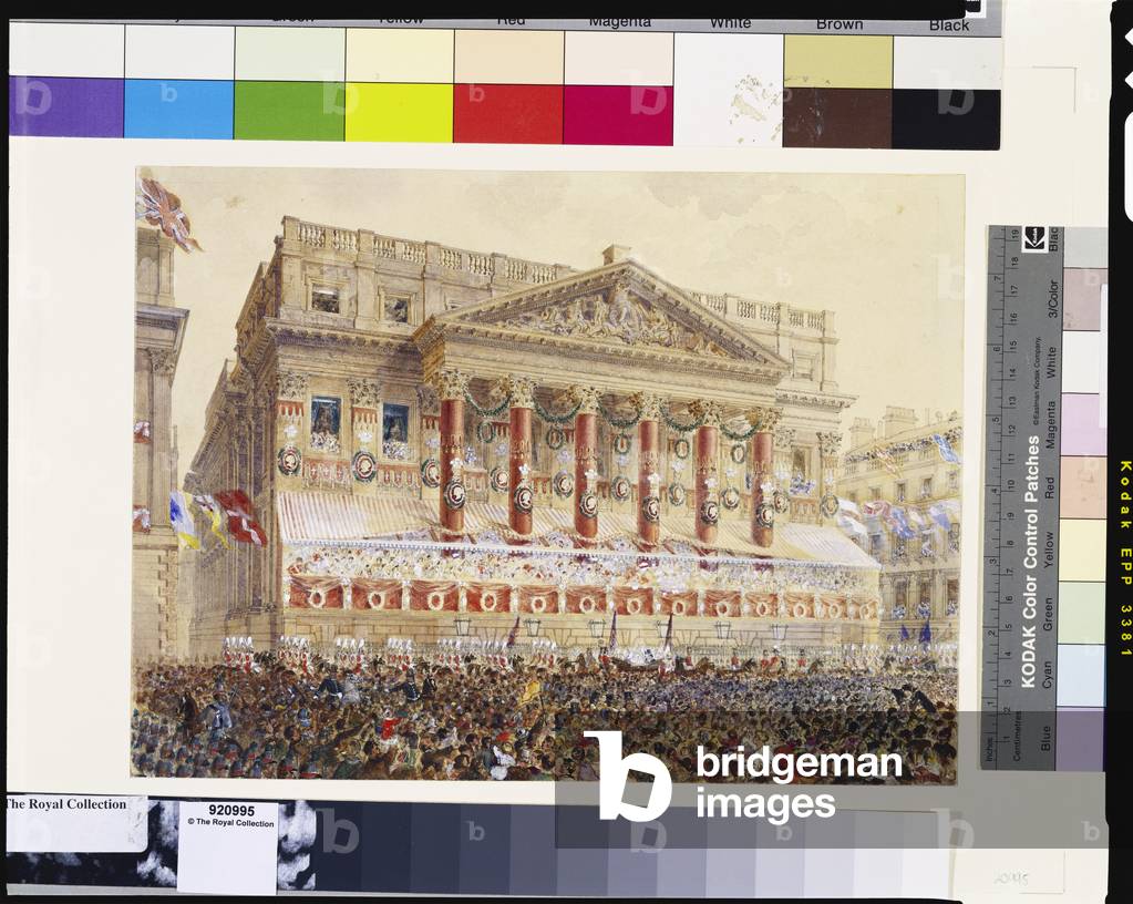 Princess Alexandra's arrival pocession passing the Mansion House, 1863 (w/c & bodycolour on paper)