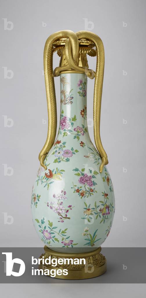 Vase with mount, vase: 1780-1810, mount: 1800-25 (porcelain with a celadon glaze painted in white slip and famille rose enamels and gilt, with gilt bronze)