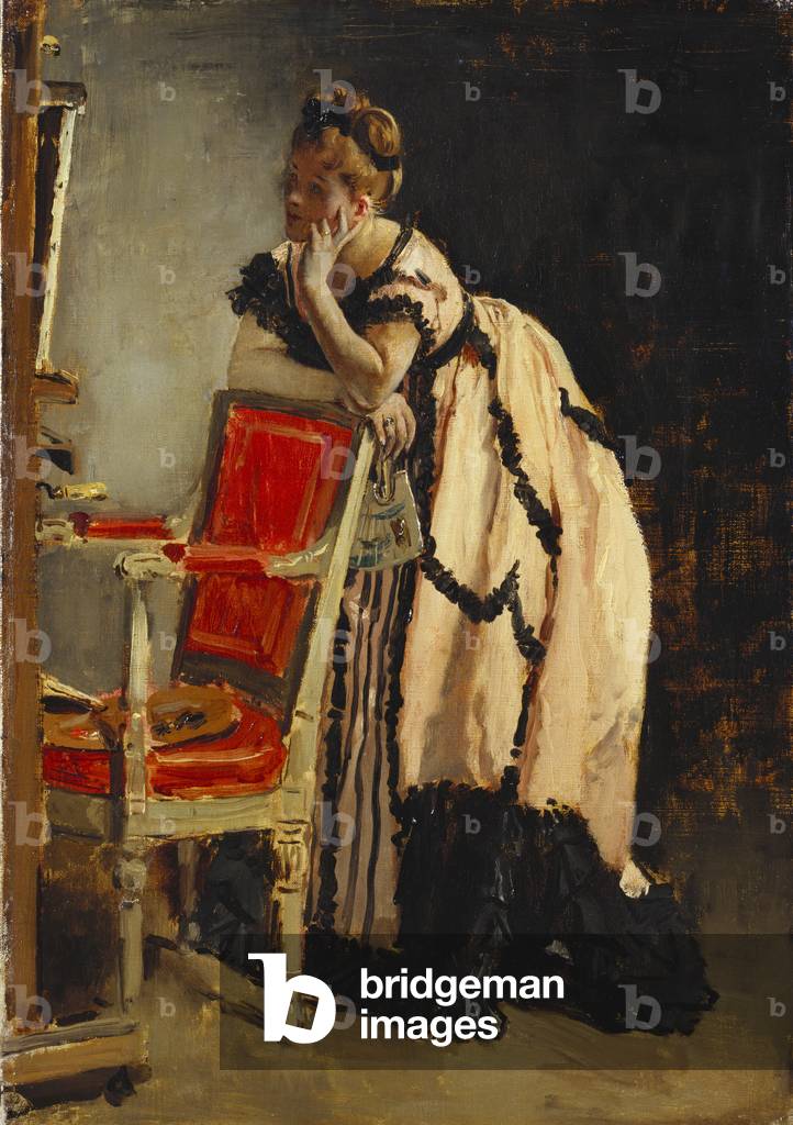 A girl in pink leaning on a chair, c.1870 (oil on canvas)