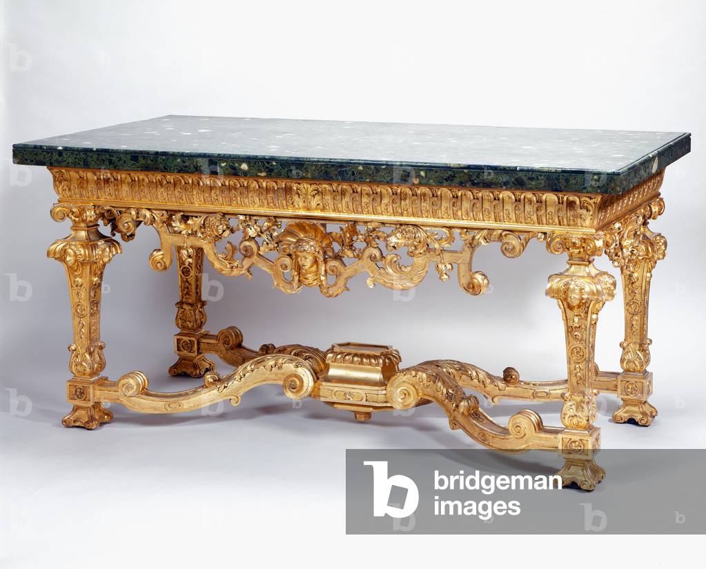 One of a pair of side tables, c.1701 (carved and gilded pine, marble veneer, stone)