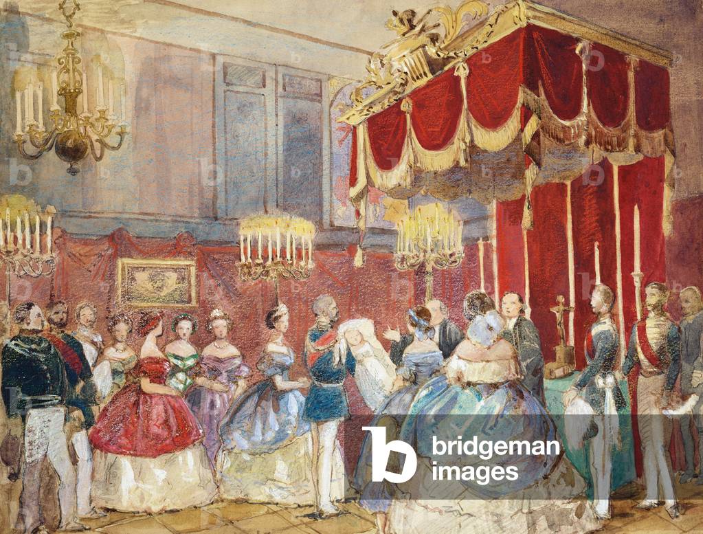 A christening scene - the baby centre, being passed to a clergyman; many figures gathered around (w/c on paper)