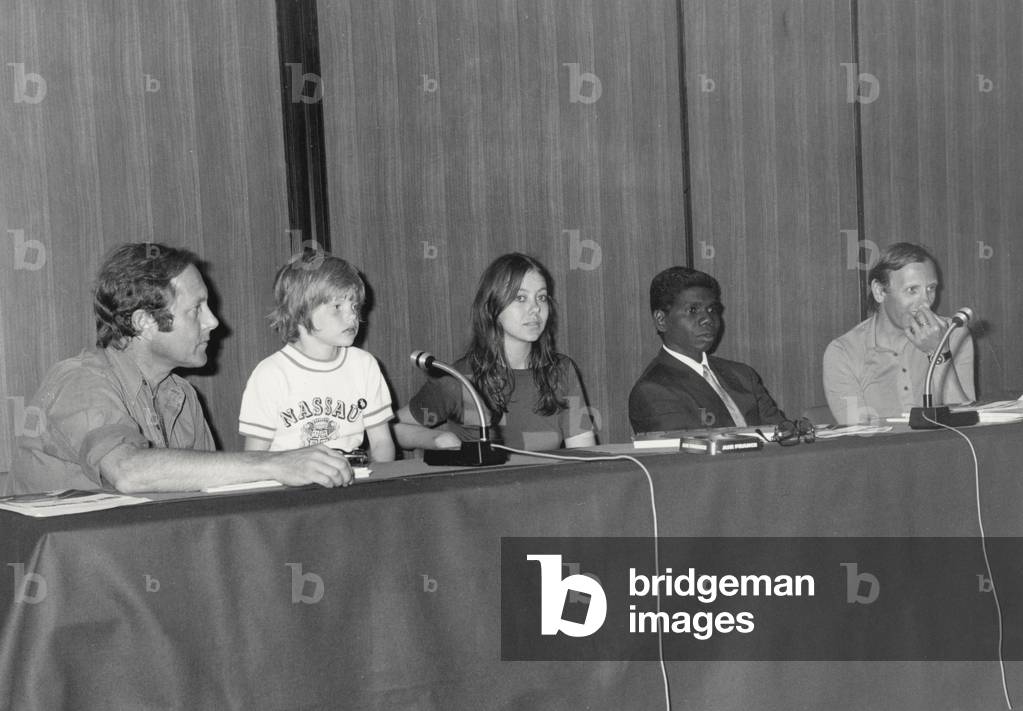 The cast of Walkabout at the Cannes Film Festival in 1971 (b/w photo)