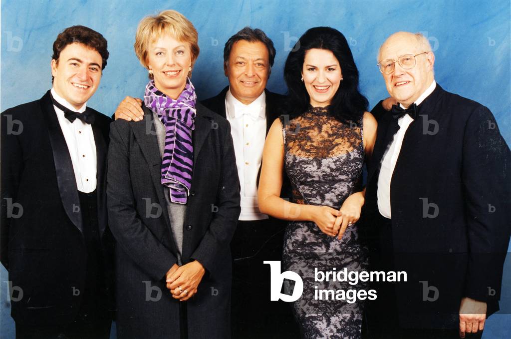 L-R: Maxim Vengerov, Anne Sophie von Otter, Zubin Mehta, Angela Gheorghiu; Mistislav (Mstislav) Rostropovich at Solti memorial Concert, 18/10/1998, RAH, London.