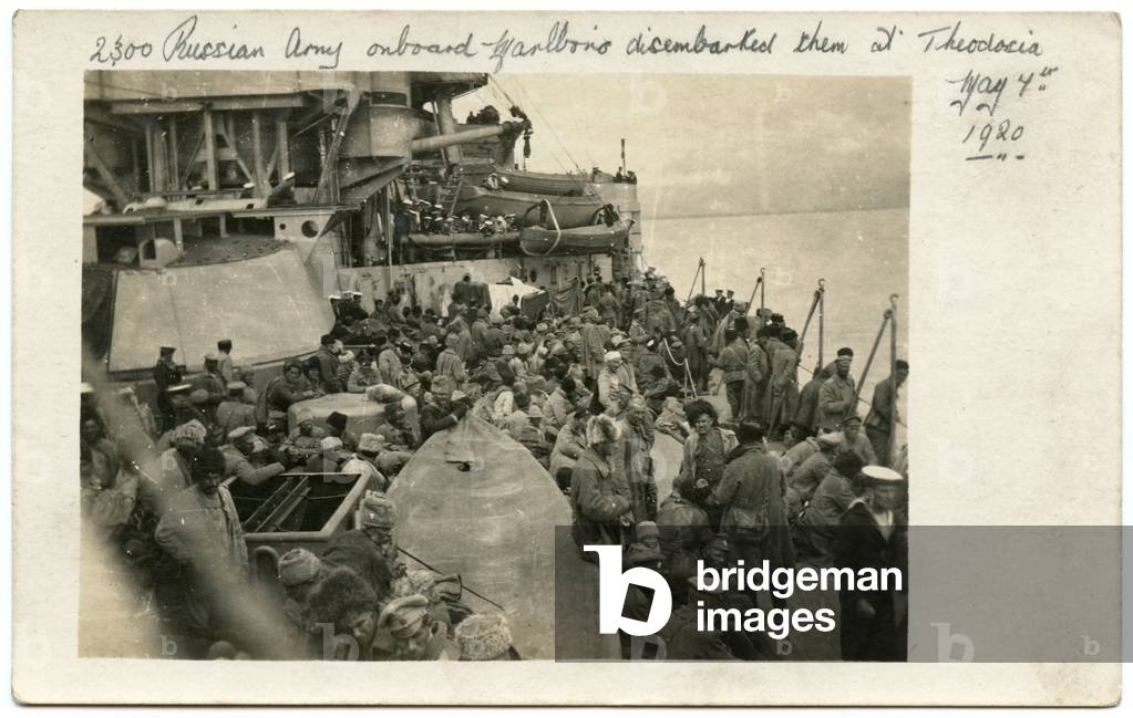 Postcard Depicting Evacuated Russian White Army Troops on Board the British Warship HMS Marlborough. 1919