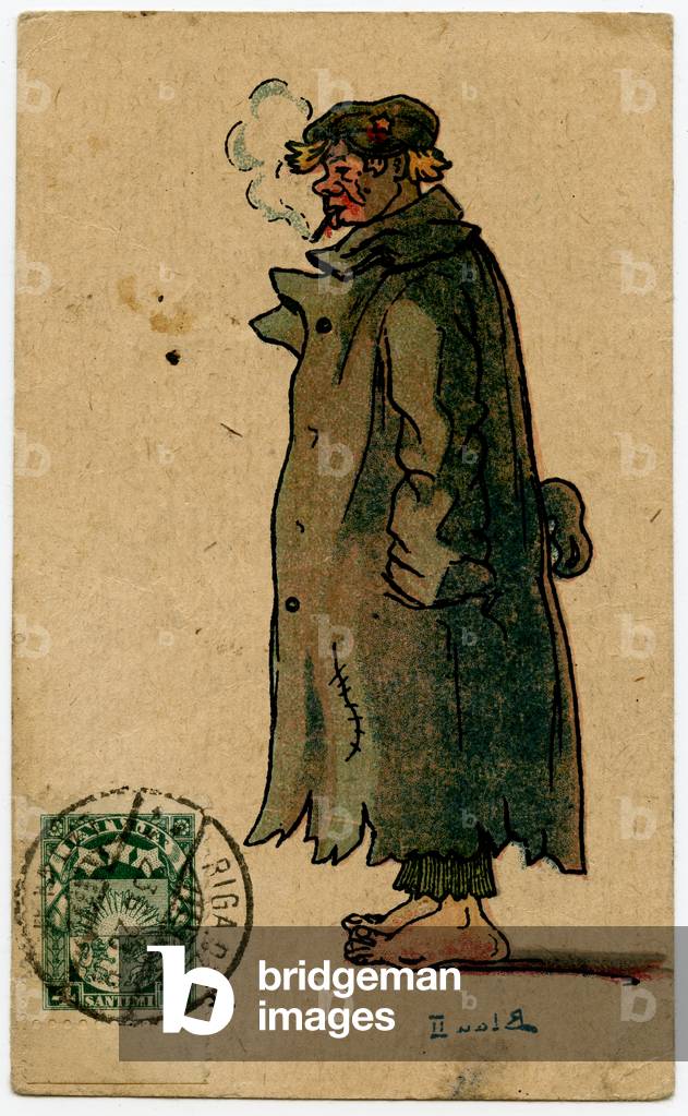 Anti-Bolshevik Propaganda Postcard depicting a Red Army Conscript dressed in a Ragged Uniform, c.1921