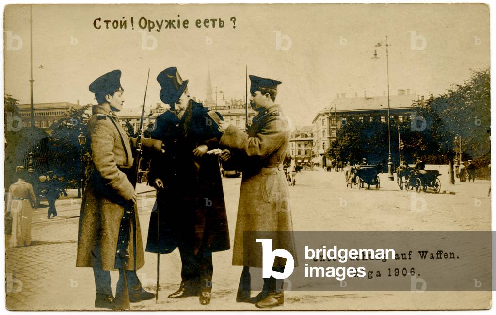 Russian Photomontage Postcard From the 1905 Revolution Depicting Soldiers Stopping and Searching a Member of the Population, 1906