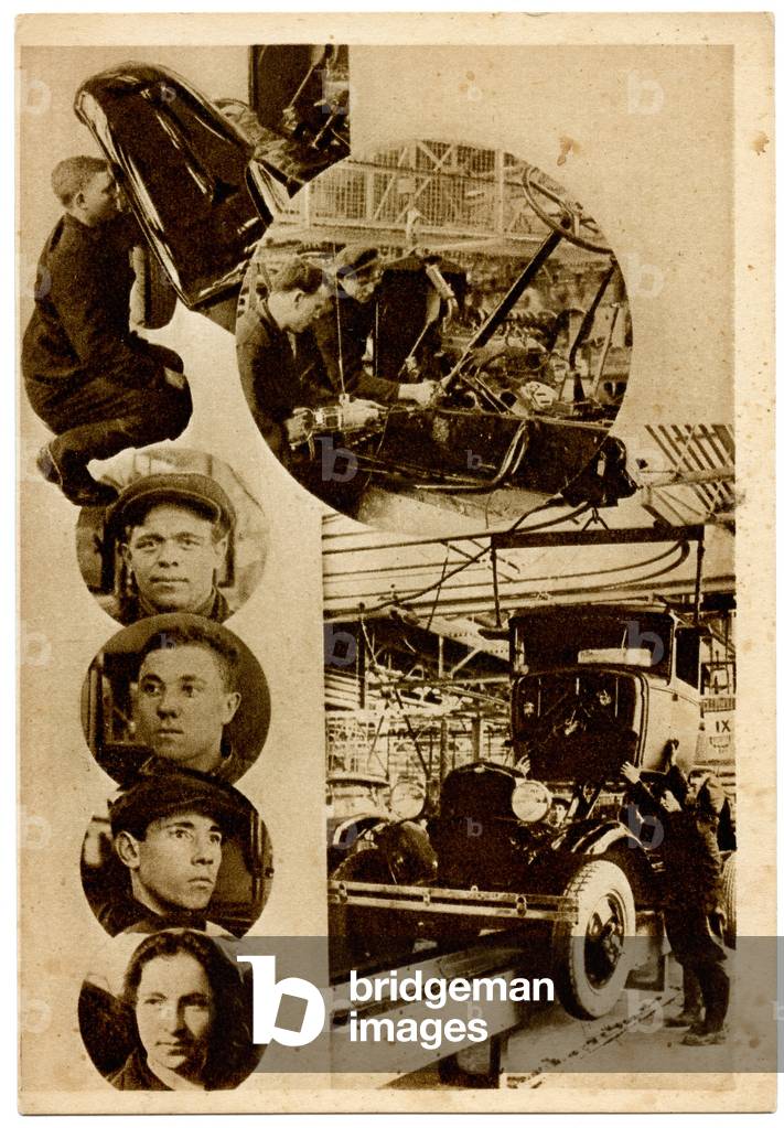 Russian Photomontage Postcard Showing the Main Conveyor Belt at the Communist Youth International (KIM) Car Parts Factory in Moscow, c.1930
