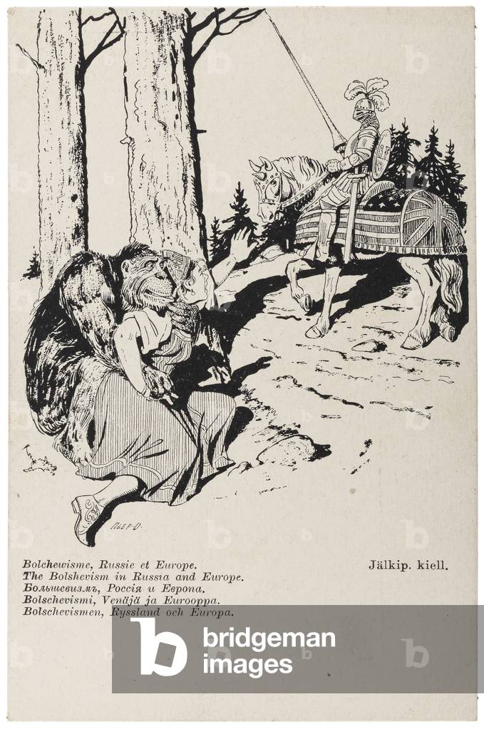 Anti-Soviet propaganda postcard showing a Bolshevik gorilla stopping Russia from joining its former allies fighting in the First World War, c. 1919