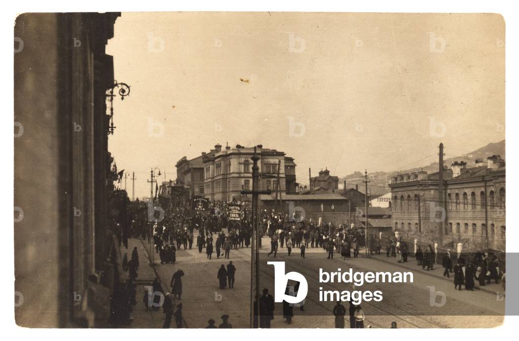 Russian postcard printed after the overthrow of Tsar Nicholas II depicting revolutionary demonstration