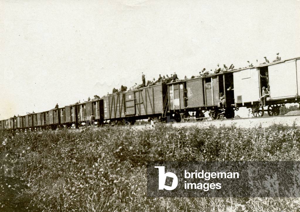 Trains Carrying Russian Refugees Along the Trans-Siberian Railway, 1919 (b/w photo)