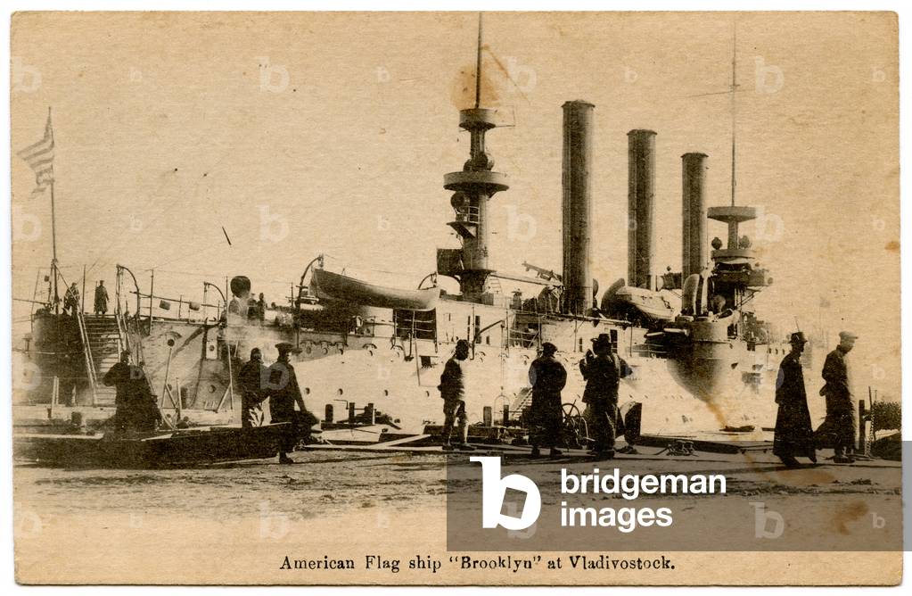 Postcard Depicting the American Flagship 'Brooklyn' in Vladivostok Port during the Russian Civil War, c.1918