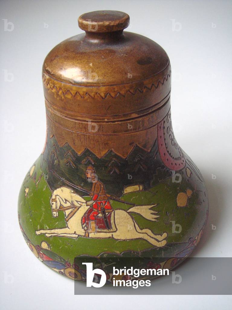 Russian Arts and Crafts Box in the Shape of a Bell, painted in the Slavic Revival Style, 1900s