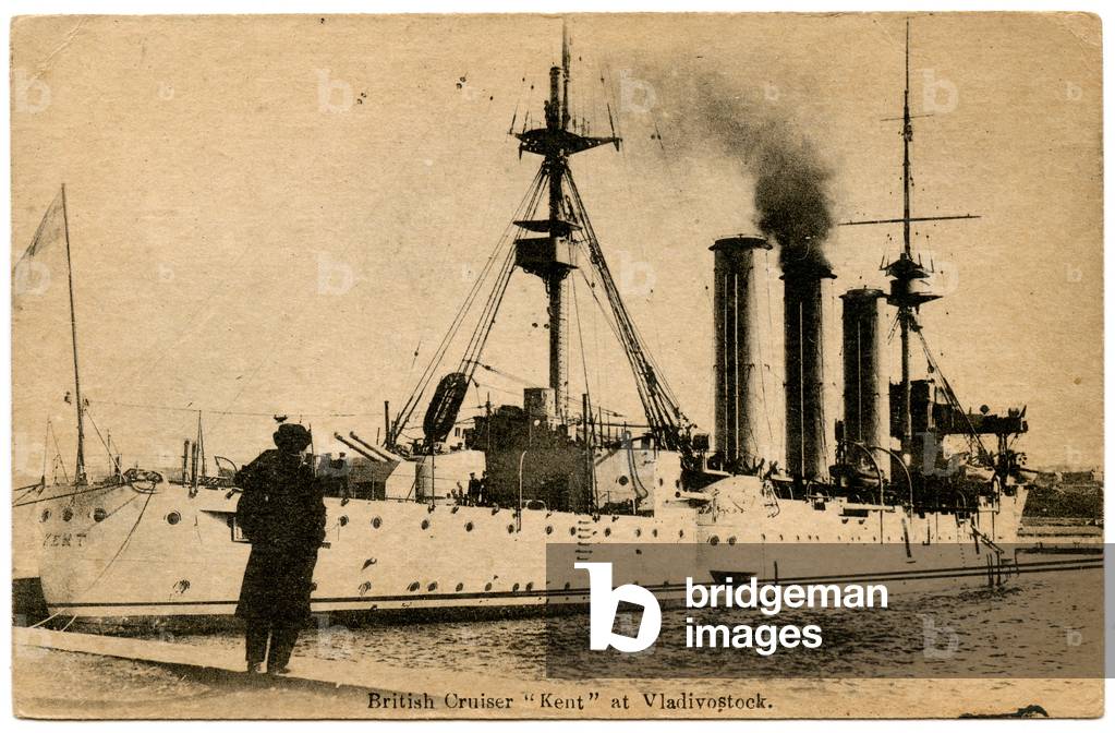Postcard Depicting the British Cruiser HMS Kent in Vladivostok Port during the Russian Civil War, c.1918