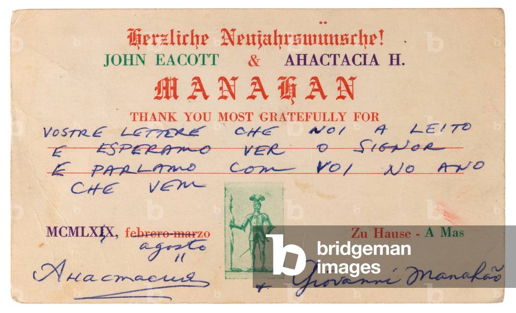 Autograph Postcard sent by Anna Anderson and her husband John Eacott to the Musician Gaetano Sacchetti, 1970