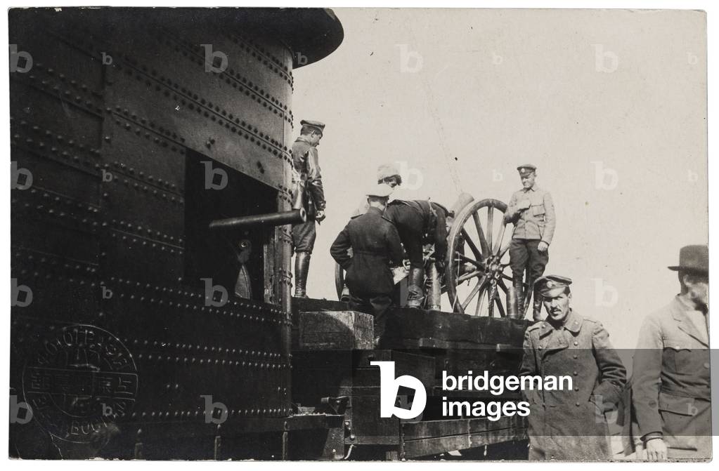 Photographic postcard depicting anti-Bolshevik troops operating an armoured train in Siberia during the Russian Civil War, c. 1919